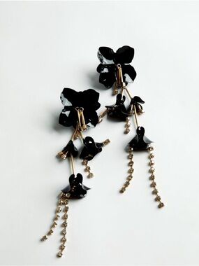 Zara Gold Tone Chain Crystal Long Drop Black JEWEL FLORAL EARRINGS Brand New